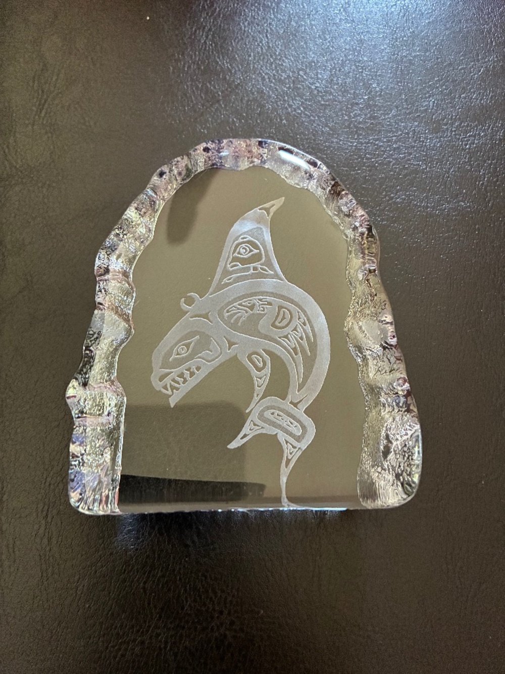 Tilley FIRST NATIONS Crystal Glass PAPERWEIGHT ORCA ETCHED ICE